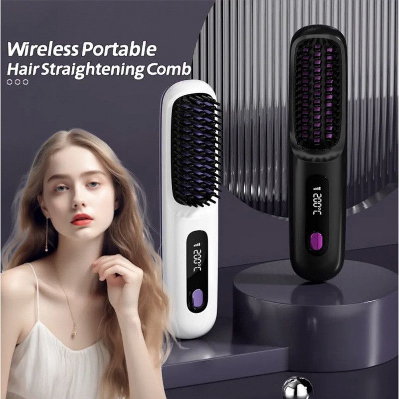 Portable Negative Ion Hair Straightener Brush, 3-Temperature Dual-Use Styling Comb for Travel and Home Use—Black