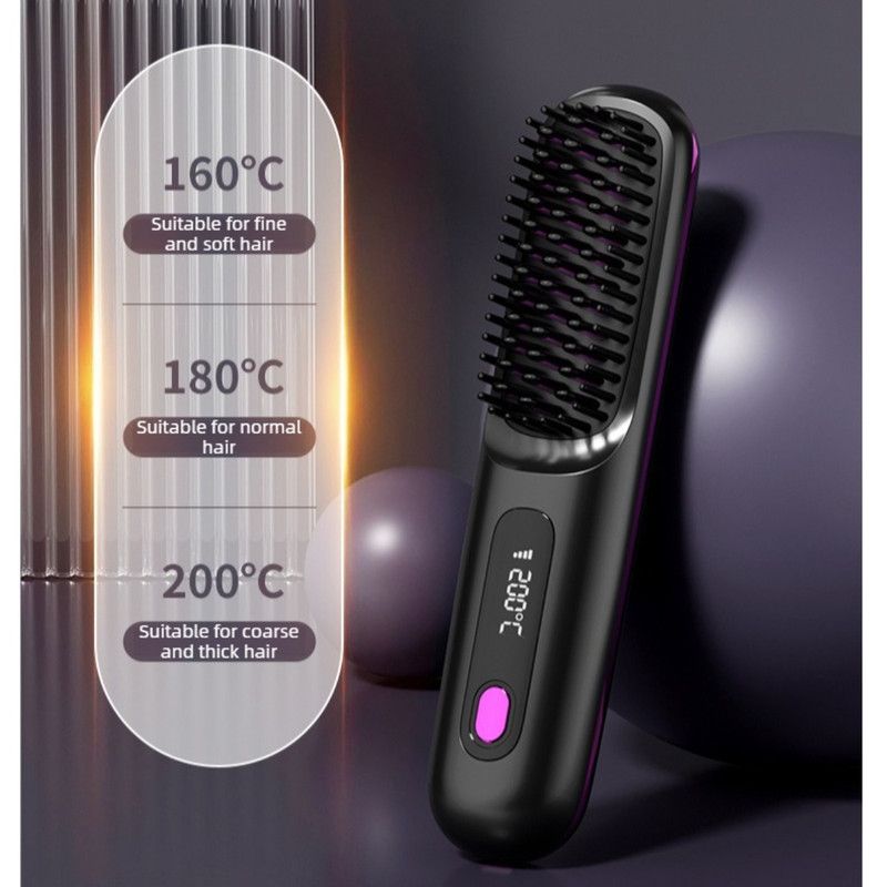 Portable Negative Ion Hair Straightener Brush, 3-Temperature Dual-Use Styling Comb for Travel and Home Use - Purple