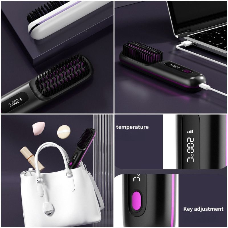 Portable Negative Ion Hair Straightener Brush, 3-Temperature Dual-Use Styling Comb for Travel and Home Use - Purple