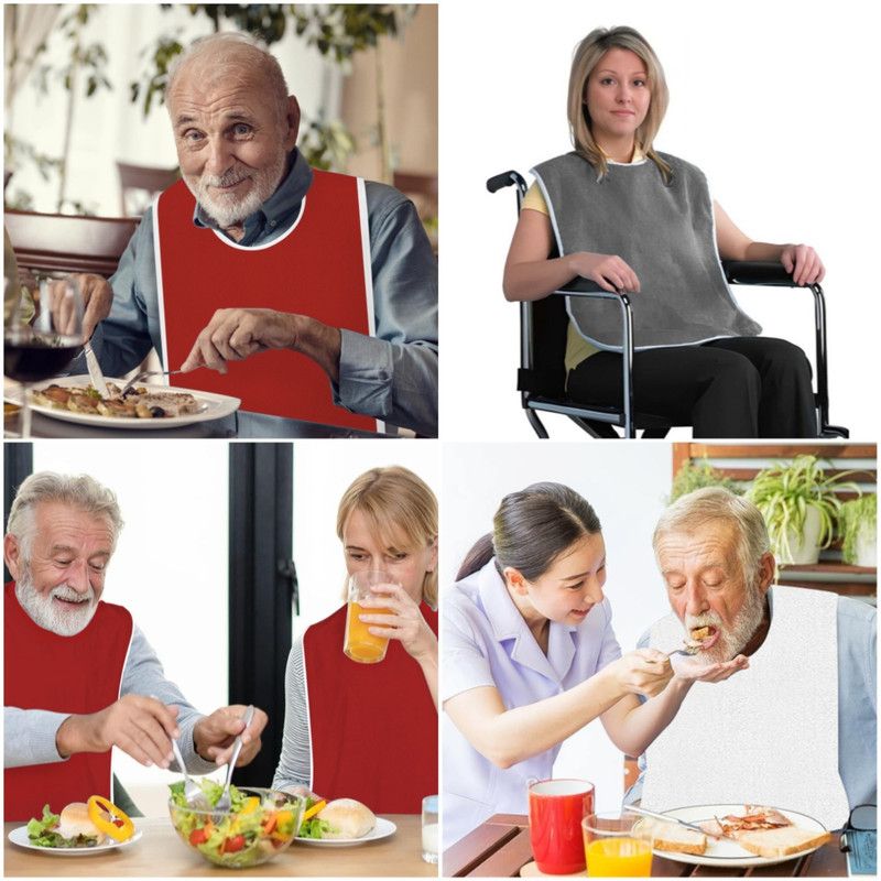 Waterproof Mealtime Bib for Adults and Seniors, Washable Eating Apron for Bedridden and Hemiplegic Patients—Red