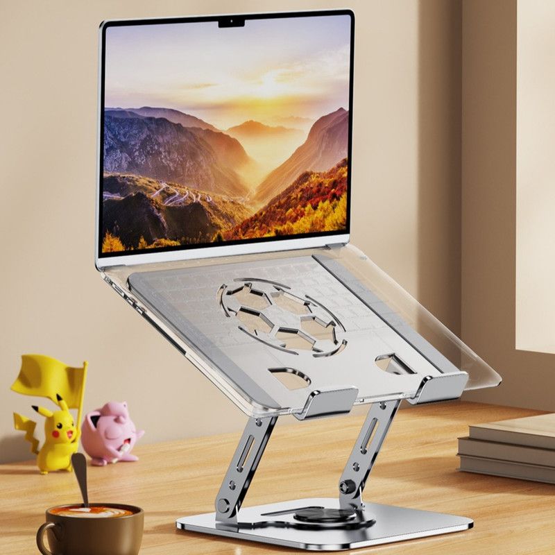 All-Metal Laptop Stand, Football-Shaped Hollow Cooling Dual-Bar Height-Adjustable Riser, Fits Laptops 10–17.3 IN – Gray