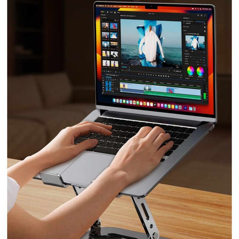All-Metal Laptop Stand, Football-Shaped Hollow Cooling Dual-Bar Height-Adjustable Riser, Fits Laptops 10–17.3 IN – Gray