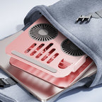 Dual Turbine Fan Cooling Metal Laptop Stand, Thick Dual Arms, Foldable, Height-Adjustable Riser—Pink
