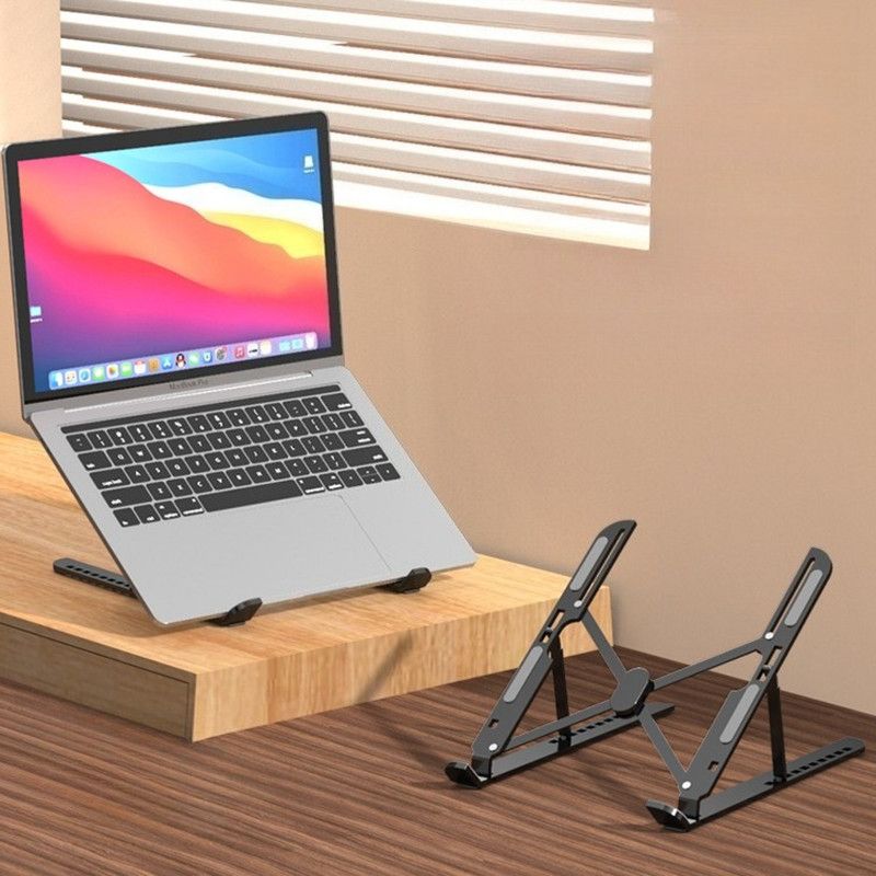 10-Gear Adjustable Aluminum Foldable Laptop Stand, Hollow Cooling Double Triangle Stable Riser—Black