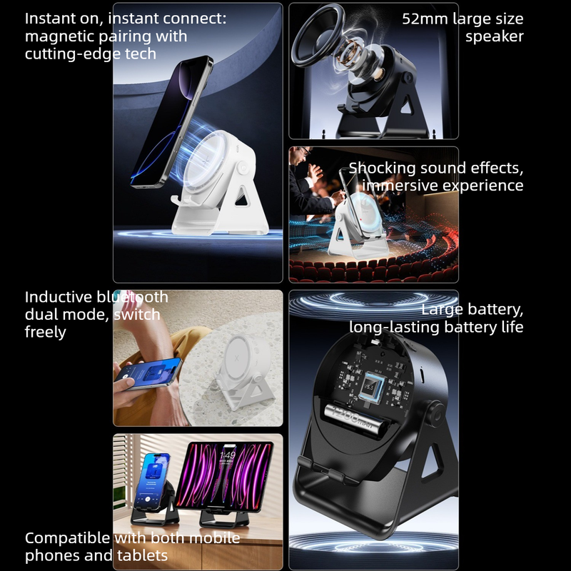 Dual-Mode Magnetic Induction Phone Stand Bluetooth Speaker, Rotatable Multifunctional Desktop Audio Speaker—White