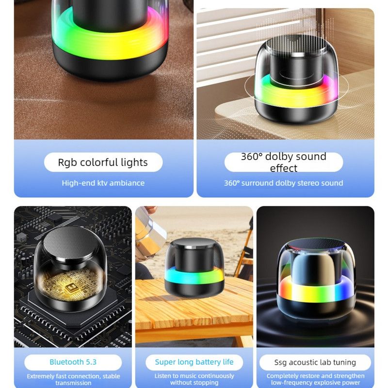 RGB Light Bluetooth 5.3 Speaker, Heavy Bass Portable TWS Interconnect Desktop TF Card Mini Audio Speaker—Black