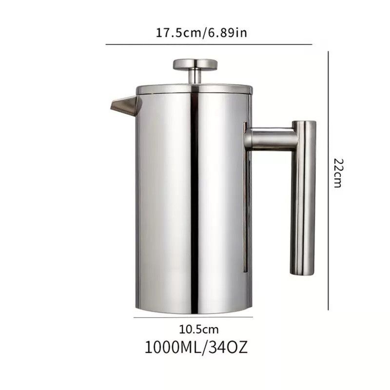 304 Stainless Steel French Press Coffee Maker, Household Hand-Brew Coffee Pot, Tea Filter Pot—1000ML