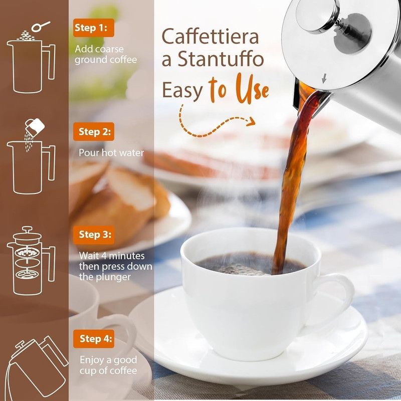 304 Stainless Steel French Press Coffee Maker, Household Hand-Brew Coffee Pot, Tea Filter Pot—1500ML