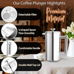 304 Stainless Steel French Press Coffee Maker, Household Hand-Brew Coffee Pot, Tea Filter Pot—350 mL