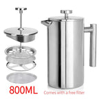 304 Stainless Steel French Press Coffee Maker, Household Hand-Brew Coffee Pot, Includes One Filter—800ML