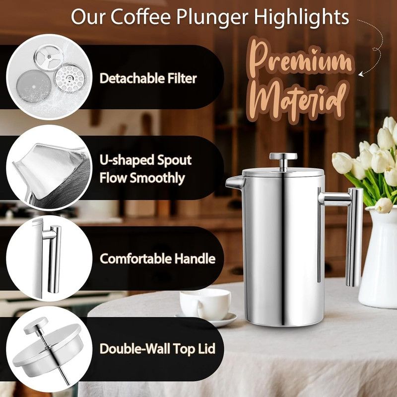 304 Stainless Steel French Press Coffee Maker, Household Hand-Brew Coffee Pot, Includes One Filter—800ML
