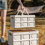 Size M - Multifunctional Folding Camping Storage Box, Car Trunk Organizer, Picnic Storage Bin with Wooden Lid - Approx. 55L