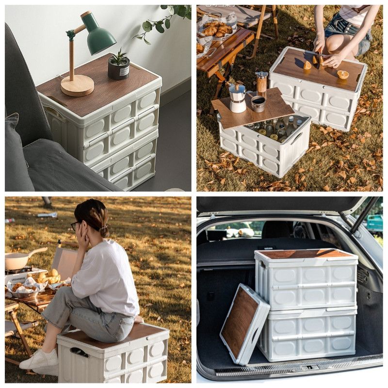 Size M - Multifunctional Folding Camping Storage Box, Car Trunk Organizer, Picnic Storage Bin with Wooden Lid - Approx. 55L