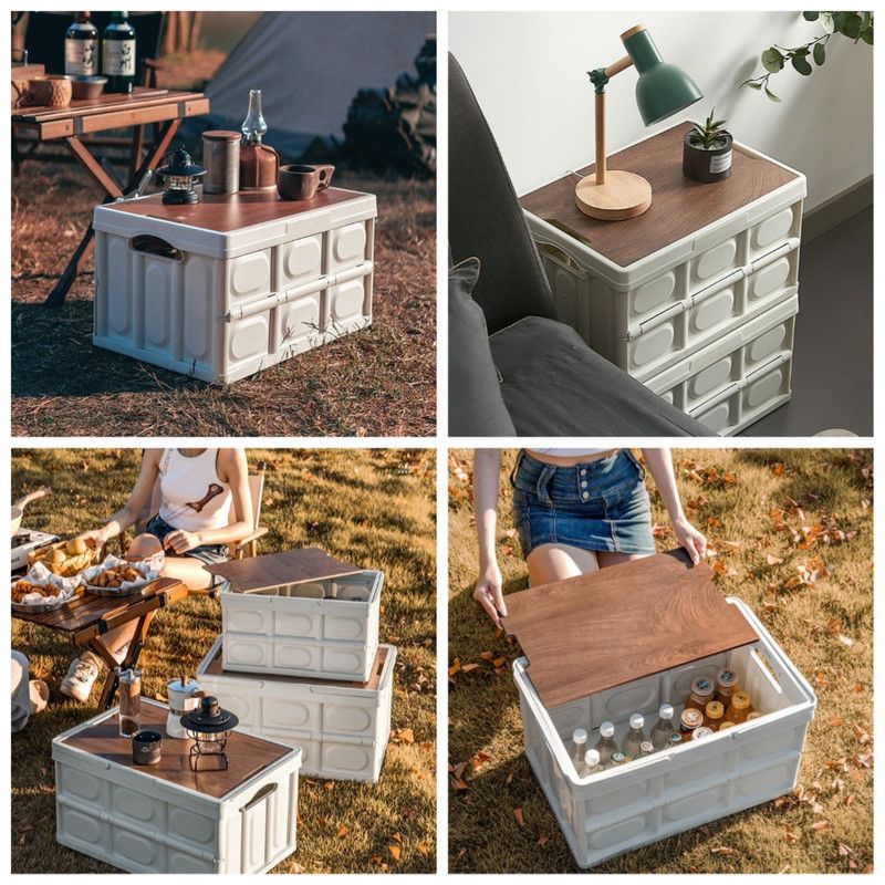 Size M - Multifunctional Folding Camping Storage Box, Car Trunk Organizer, Picnic Storage Bin with Wooden Lid - Approx. 55L