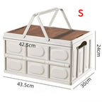 Size S - Multifunctional Folding Camping Storage Box, Car Trunk Organizer, Picnic Storage Bin with Wooden Lid - Approx. 30L