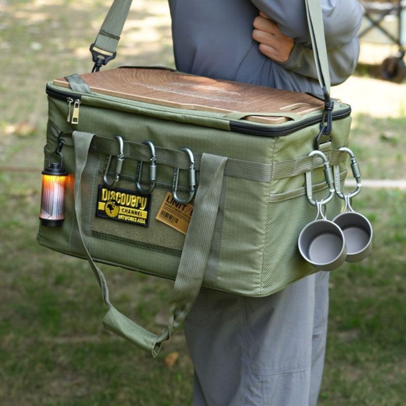 36L Outdoor Tactical Storage Bag with Detachable Wooden Board, Multifunctional Camping Handbag—Black