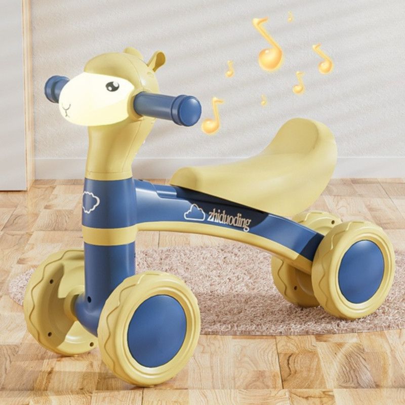Cartoon Alpaca Kids 4-Wheel Balance Bike, Pedal-Free Toddler Scooter with Lights & Music for Ages 1–3—Blue