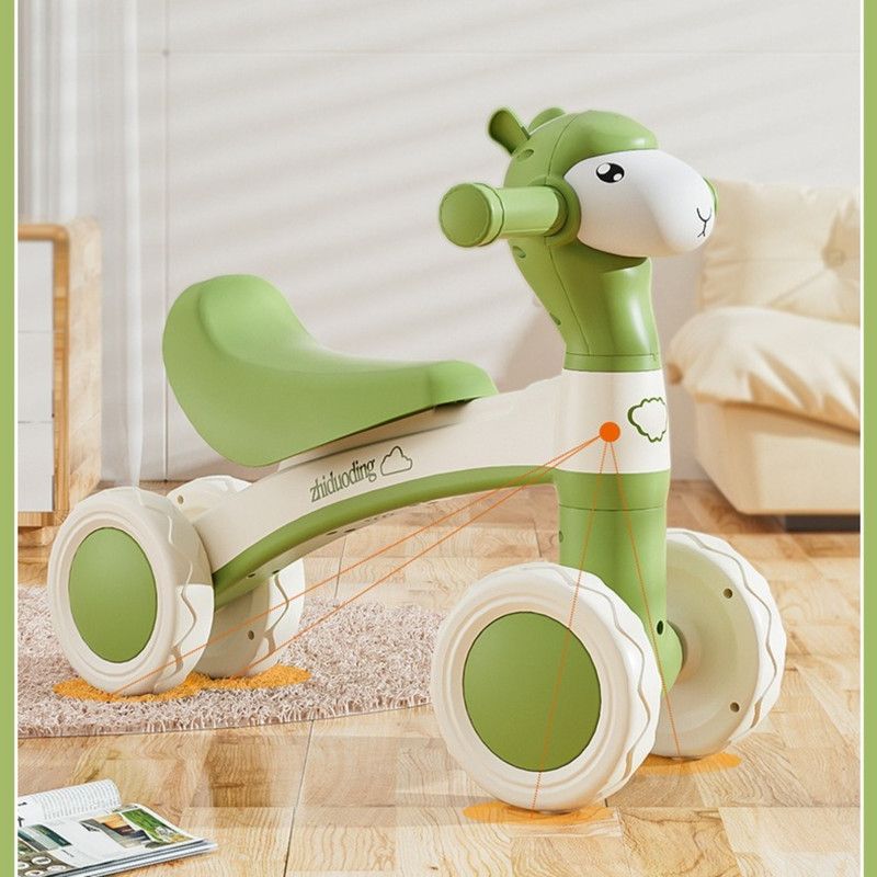 Cartoon Alpaca Kids 4-Wheel Balance Bike, Pedal-Free Toddler Scooter with Lights & Music for Ages 1–3—Green
