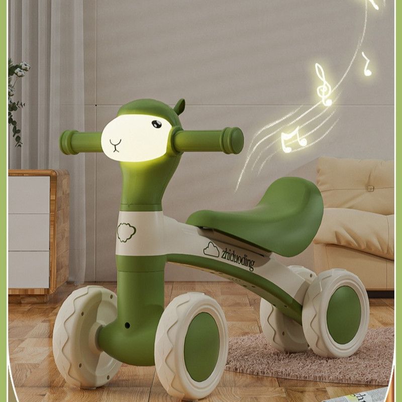 Cartoon Alpaca Kids 4-Wheel Balance Bike, Pedal-Free Toddler Scooter with Lights & Music for Ages 1–3—Pink