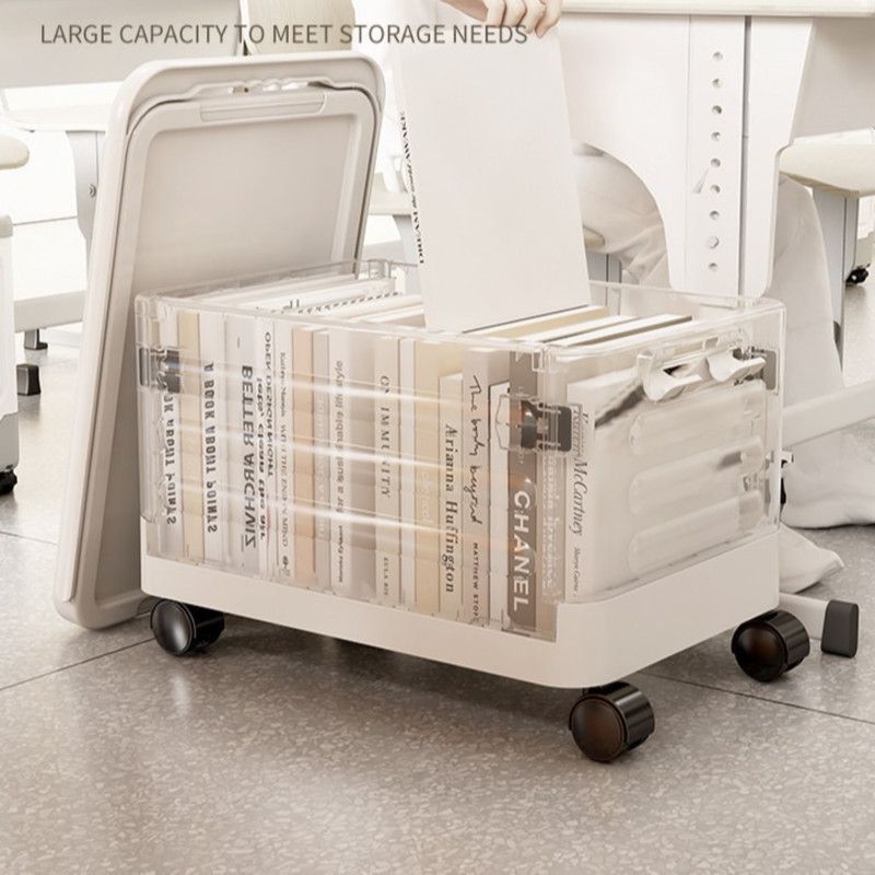 Foldable Transparent Storage Box with Pull Rod and Wheels, Portable Household Storage Container—White