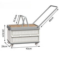 White Foldable Camping Storage Box With Wood Grain Lid, Pull Rod & Universal Wheels, Outdoor Car Organizer Bin