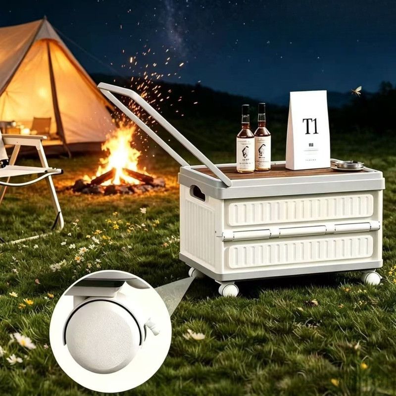 White Foldable Camping Storage Box With Wood Grain Lid, Pull Rod & Universal Wheels, Outdoor Car Organizer Bin