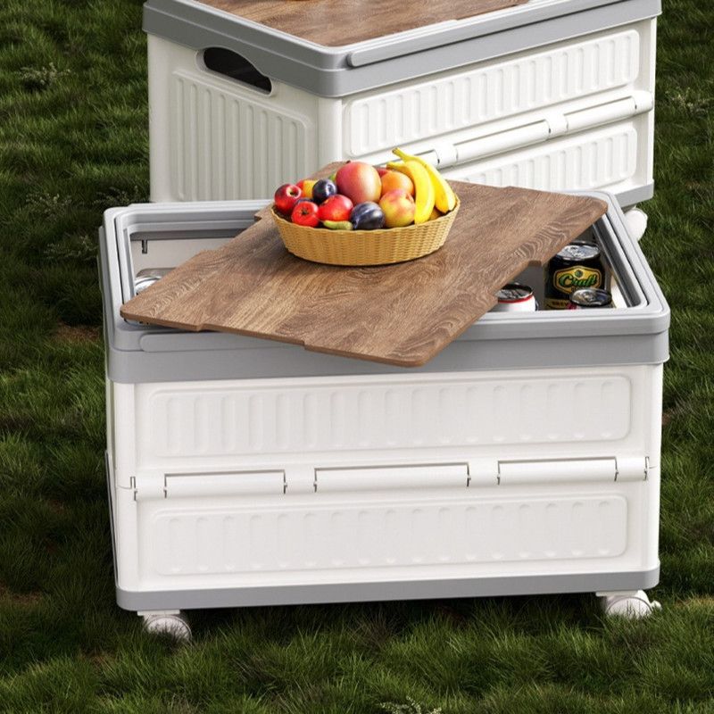White Foldable Camping Storage Box With Wood Grain Lid, Pull Rod & Universal Wheels, Outdoor Car Organizer Bin