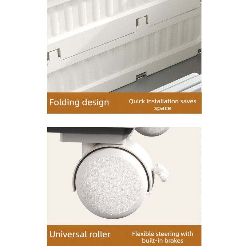 White Foldable Camping Storage Box With Wood Grain Lid, Pull Rod & Universal Wheels, Outdoor Car Organizer Bin