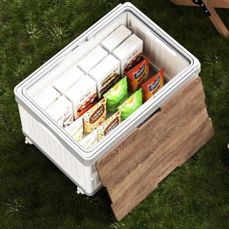 White Foldable Camping Storage Box With Wood Grain Lid, Pull Rod & Universal Wheels, Outdoor Car Organizer Bin