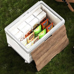 White Foldable Camping Storage Box With Wood Grain Lid, Pull Rod & Universal Wheels, Outdoor Car Organizer Bin