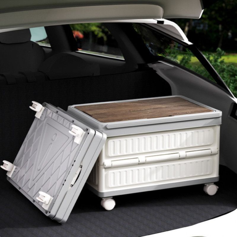 White Foldable Camping Storage Box With Wood Grain Lid, Pull Rod & Universal Wheels, Outdoor Car Organizer Bin