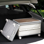 White Foldable Camping Storage Box With Wood Grain Lid, Pull Rod & Universal Wheels, Outdoor Car Organizer Bin