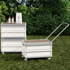 White Foldable Camping Storage Box With Wood Grain Lid, Pull Rod & Universal Wheels, Outdoor Car Organizer Bin