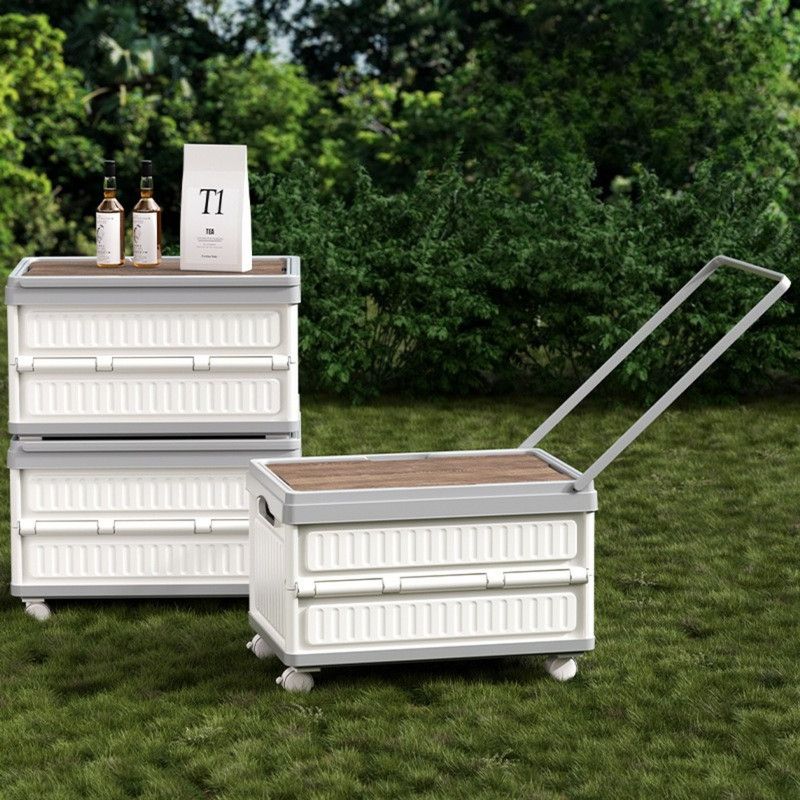 White Foldable Camping Storage Box With Wood Grain Lid, Pull Rod & Universal Wheels, Outdoor Car Organizer Bin