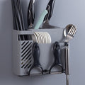 Wall-Mounted Chopstick Holder, Multi-Compartment Kitchen Utensil Storage Rack, Drainable Cutlery Organizer—Gray