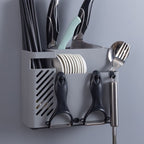 Wall-Mounted Chopstick Holder, Multi-Compartment Kitchen Utensil Storage Rack, Drainable Cutlery Organizer—Gray