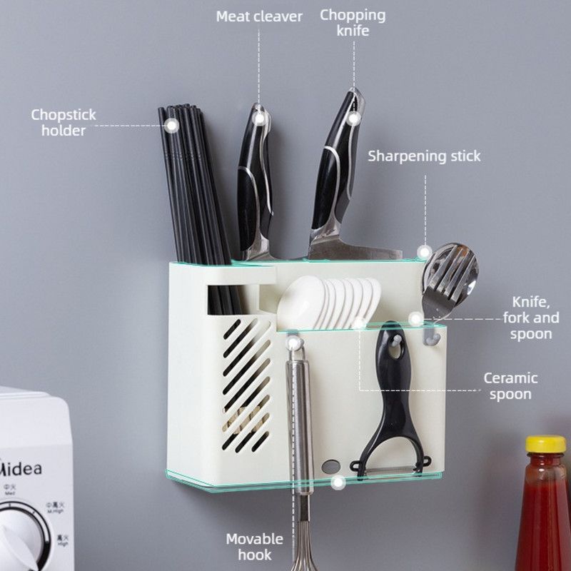 Wall-Mounted Chopstick Holder, Multi-Compartment Kitchen Utensil Storage Rack, Drainable Cutlery Organizer—White
