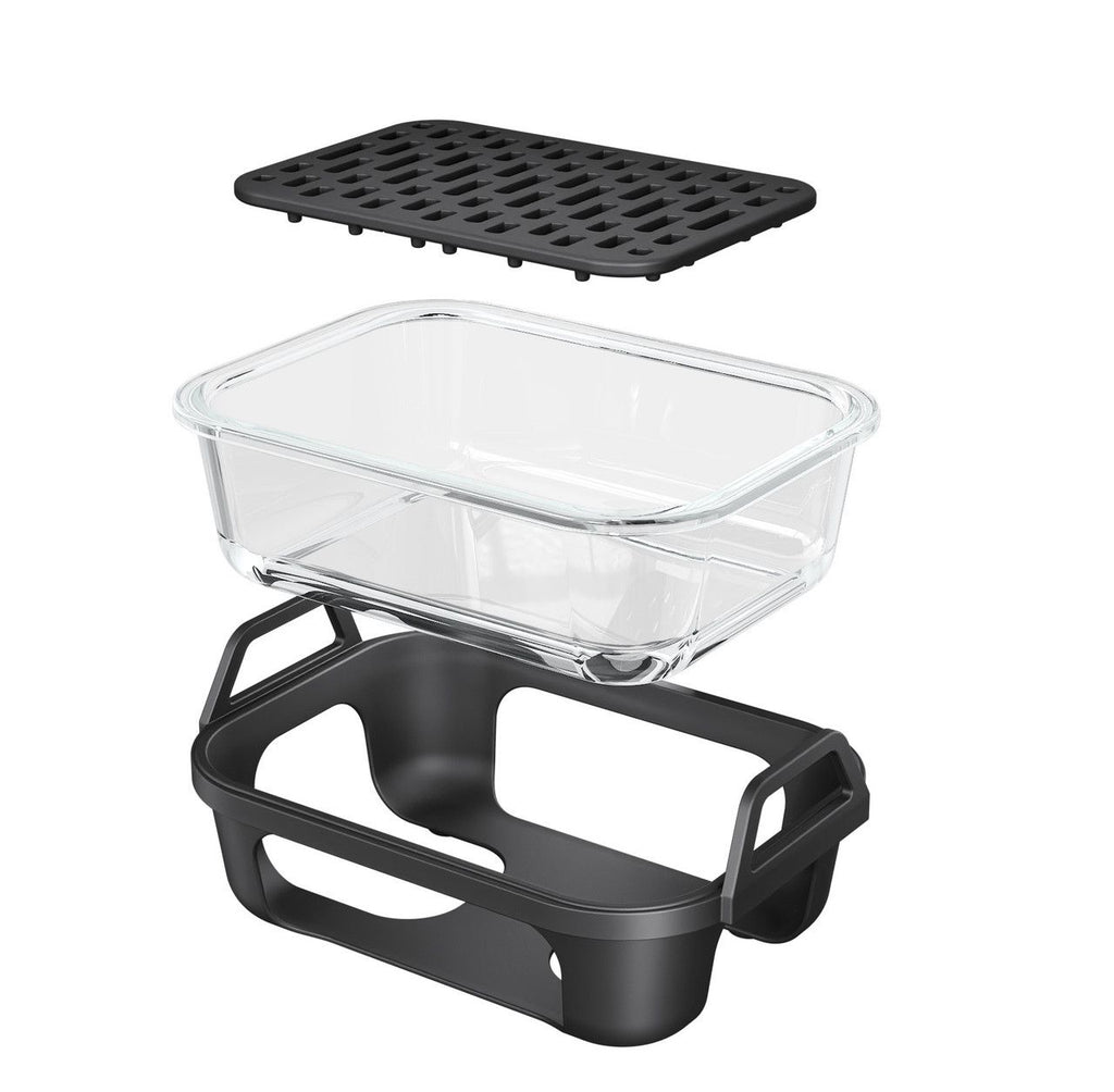 Air Fryer Glass Baking Tray Insert with Drain Rack & Support Frame, Heat Resistant Food Safe Cooking Container-Black