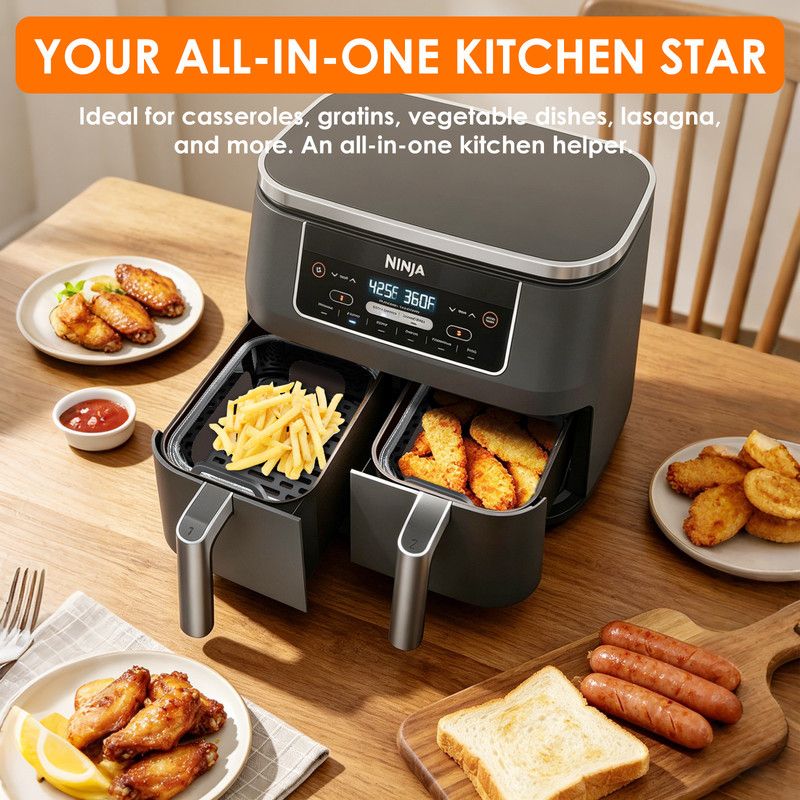 Air Fryer Glass Baking Tray Insert with Drain Rack & Support Frame, Heat Resistant Food Safe Cooking Container-Black