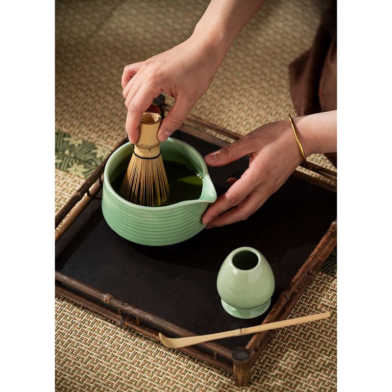 Diancha Tea Whisk Set, Bamboo Tea Tools with Ceramic Tea Bowl, Complete Powder Tea Making Kit, Gift Set for Tea Lovers-Green
