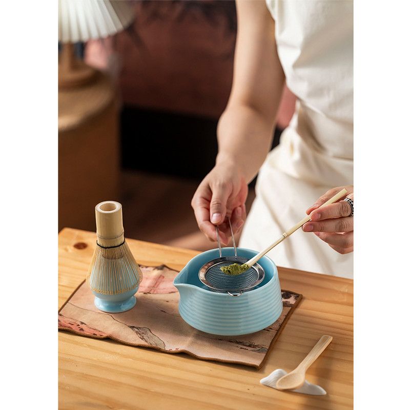 Diancha Tea Whisk Set, Bamboo Tea Tools with Ceramic Tea Bowl, Complete Powder Tea Making Kit, Gift Set for Tea Lovers-Blue