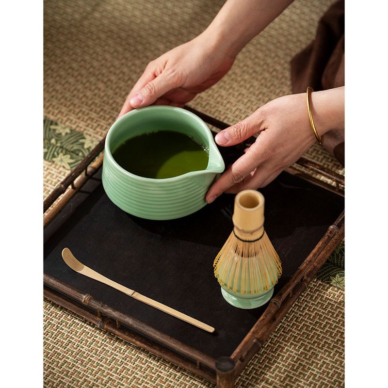 Diancha Tea Whisk Set, Bamboo Tea Tools with Ceramic Tea Bowl, Complete Powder Tea Making Kit, Gift Set for Tea Lovers-Light Green