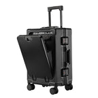 20 Inch Front Opening Carry On Luggage, Aluminium Frame Hard Shell Suitcase with Spinner Wheels, TSA Lock Cabin Travel Case-Black