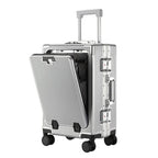 20 Inch Front Opening Carry On Luggage, Aluminium Frame Hard Shell Suitcase with Spinner Wheels, TSA Lock Cabin Travel Case-Light Gray