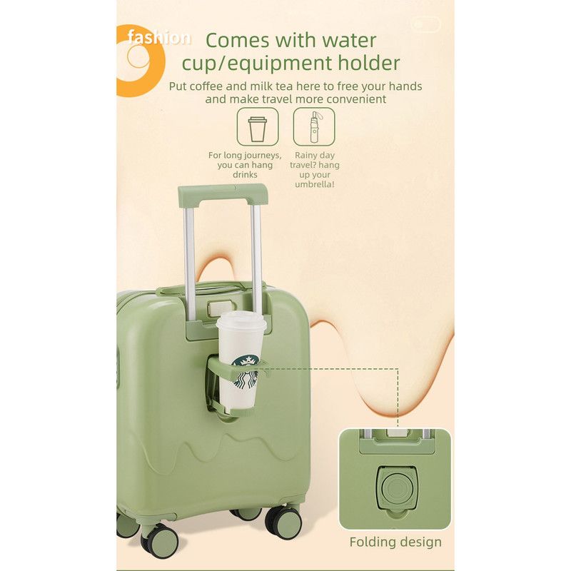 20 Inch Cute Carry On Suitcase, Hard Shell Cabin Luggage with USB Charging Port & Cup Holder, Lightweight Travel Trolley Case- Matcha Green