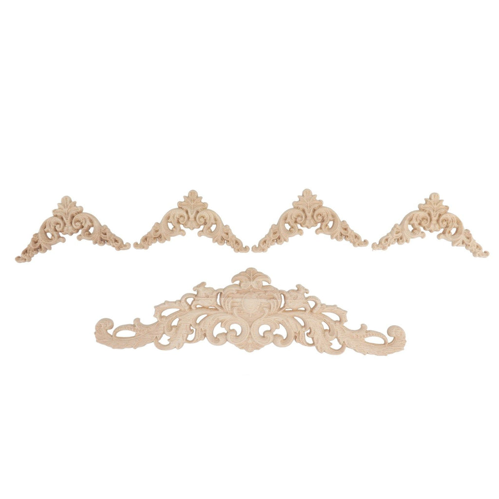 5Pcs Wooden Appliques Onlays Rubber Wood Carved 4 Corner Onlays and 1 Long Onlay for Cabinet Door Bed Wardrobe Furniture