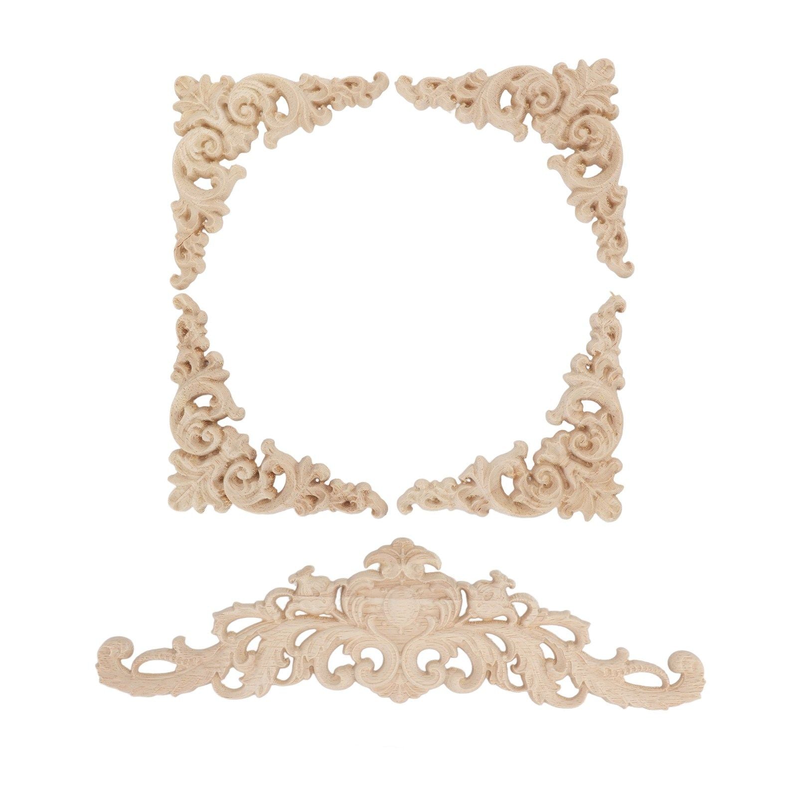 5Pcs Wooden Appliques Onlays Rubber Wood Carved 4 Corner Onlays and 1 Long Onlay for Cabinet Door Bed Wardrobe Furniture