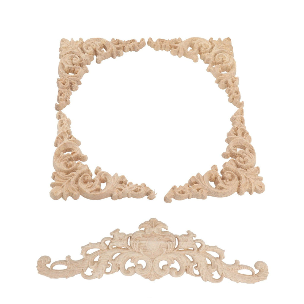 5Pcs Wooden Appliques Onlays Rubber Wood Carved 4 Corner Onlays and 1 Long Onlay for Cabinet Door Bed Wardrobe Furniture
