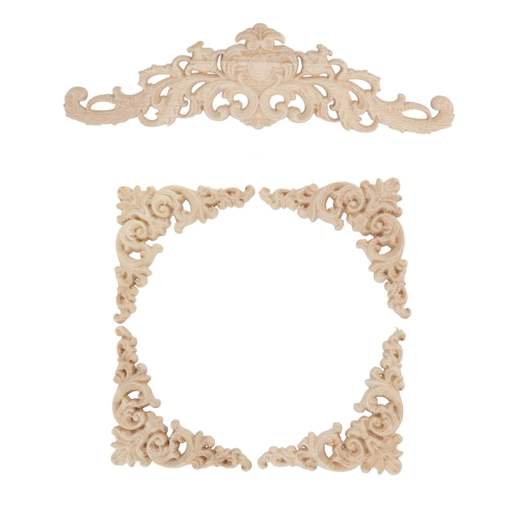 5Pcs Wooden Appliques Onlays Rubber Wood Carved 4 Corner Onlays and 1 Long Onlay for Cabinet Door Bed Wardrobe Furniture