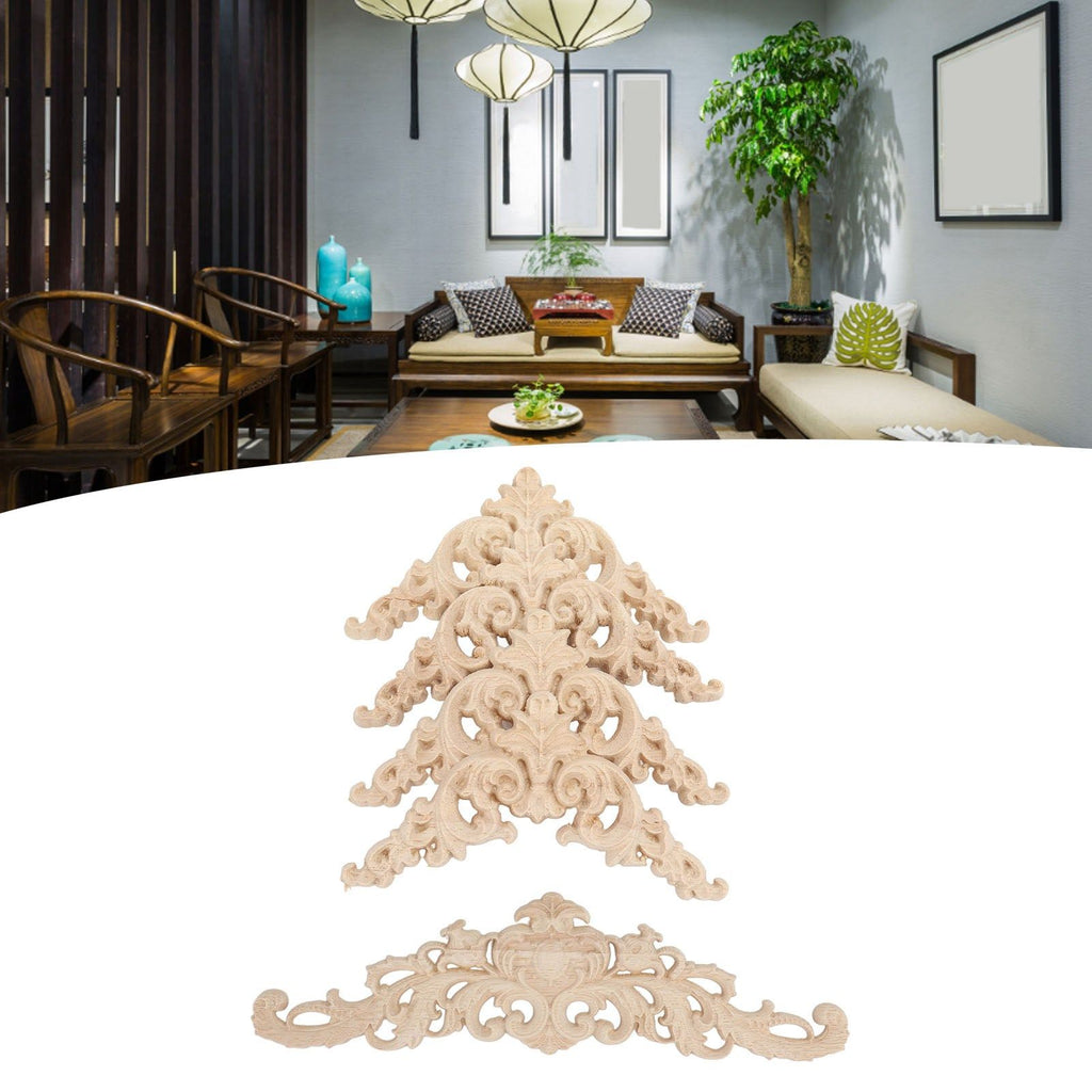 5Pcs Wooden Appliques Onlays Rubber Wood Carved 4 Corner Onlays and 1 Long Onlay for Cabinet Door Bed Wardrobe Furniture